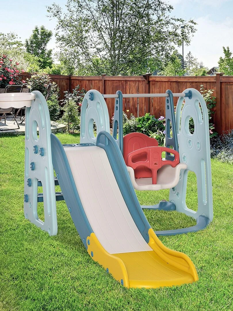 Portique enfant toboggan et balançoire avec panier de basket ball   Bleu