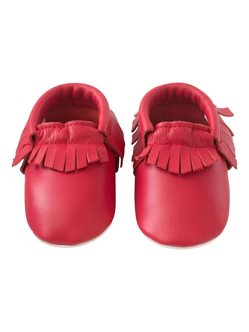 Chaussons cuir souple à franges rouge cerise   Rouge cerise