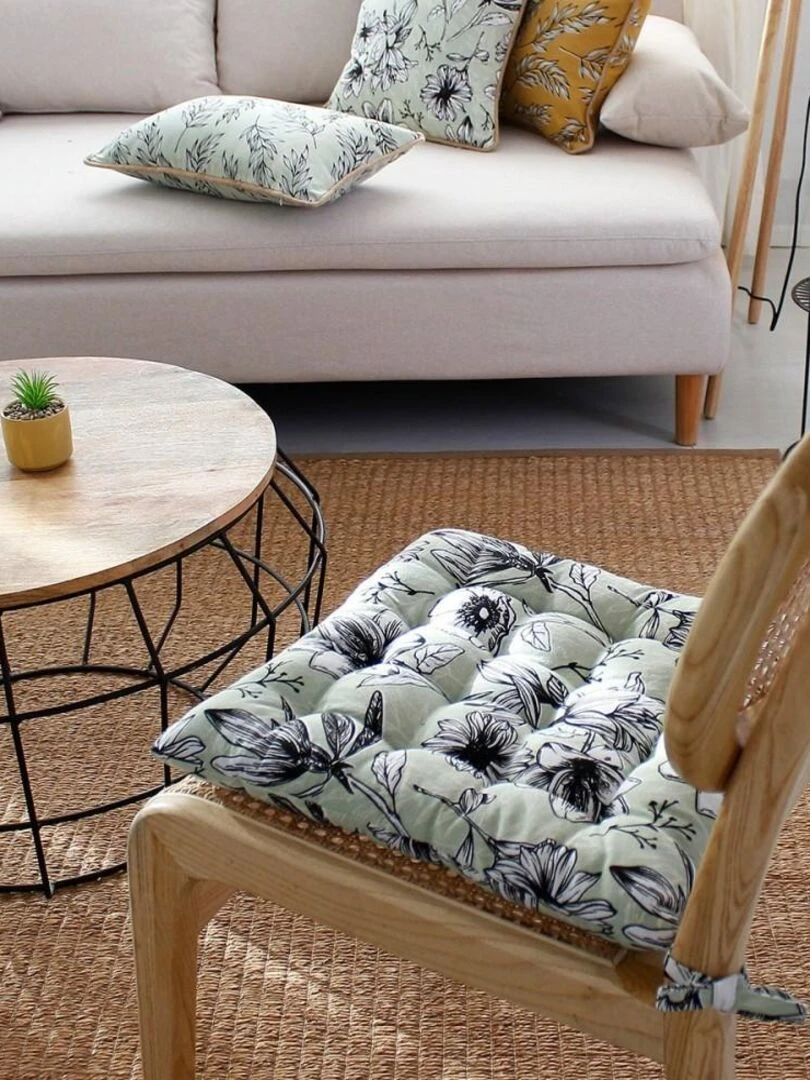 Lot de 4 galettes de chaise piquées 38x38 Lily vert sauge coton   Vert