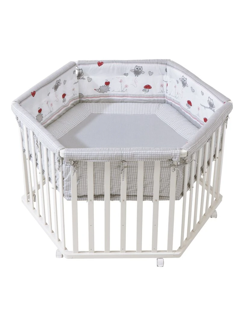 ROBA Parc Bébé Hexagonal en Bois "Adam & Eule" + Tapis de Parc et Roues à Freins Blanc Blanc