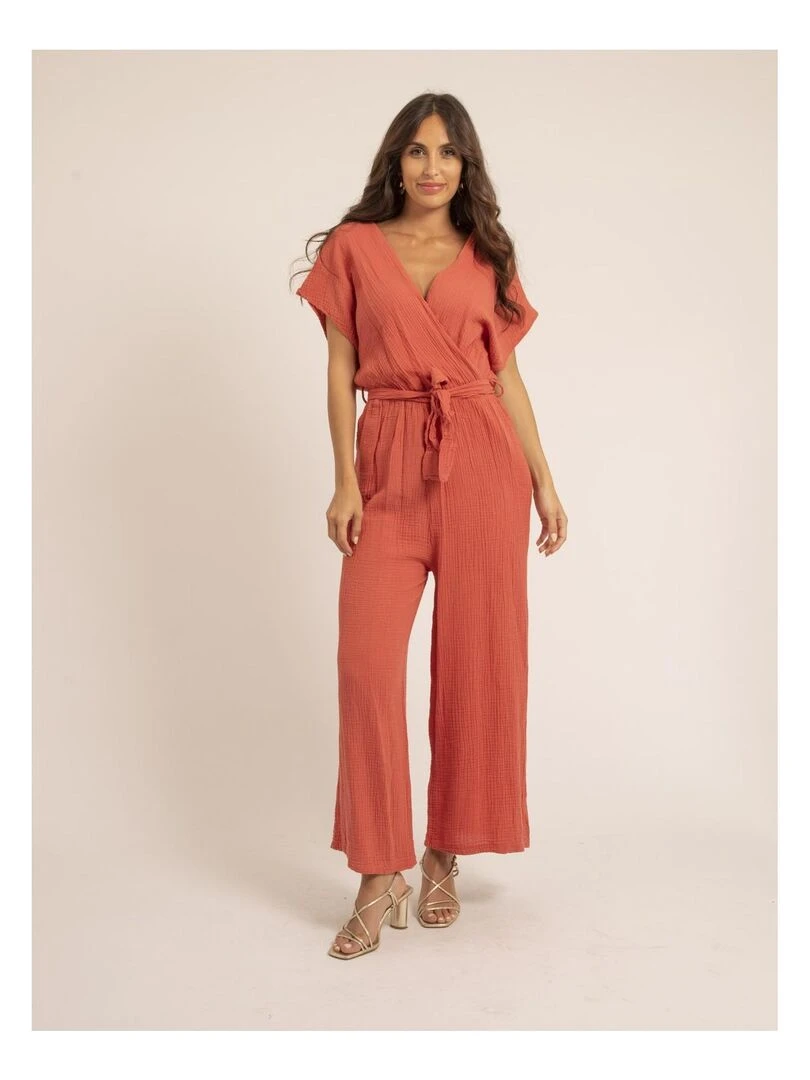 Combi pantalon gaze de coton EROLIE Orange corail