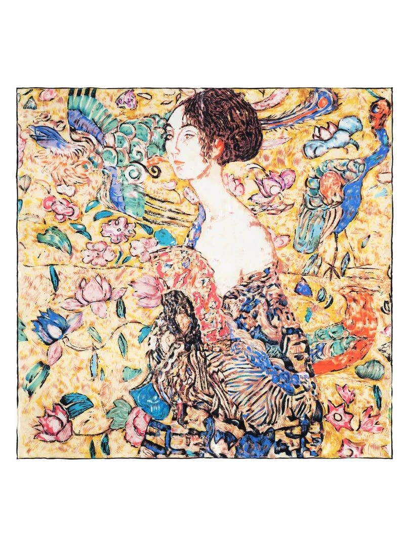 Carré de soie Klimt "Femme à l'Eventail" Jaune pâle