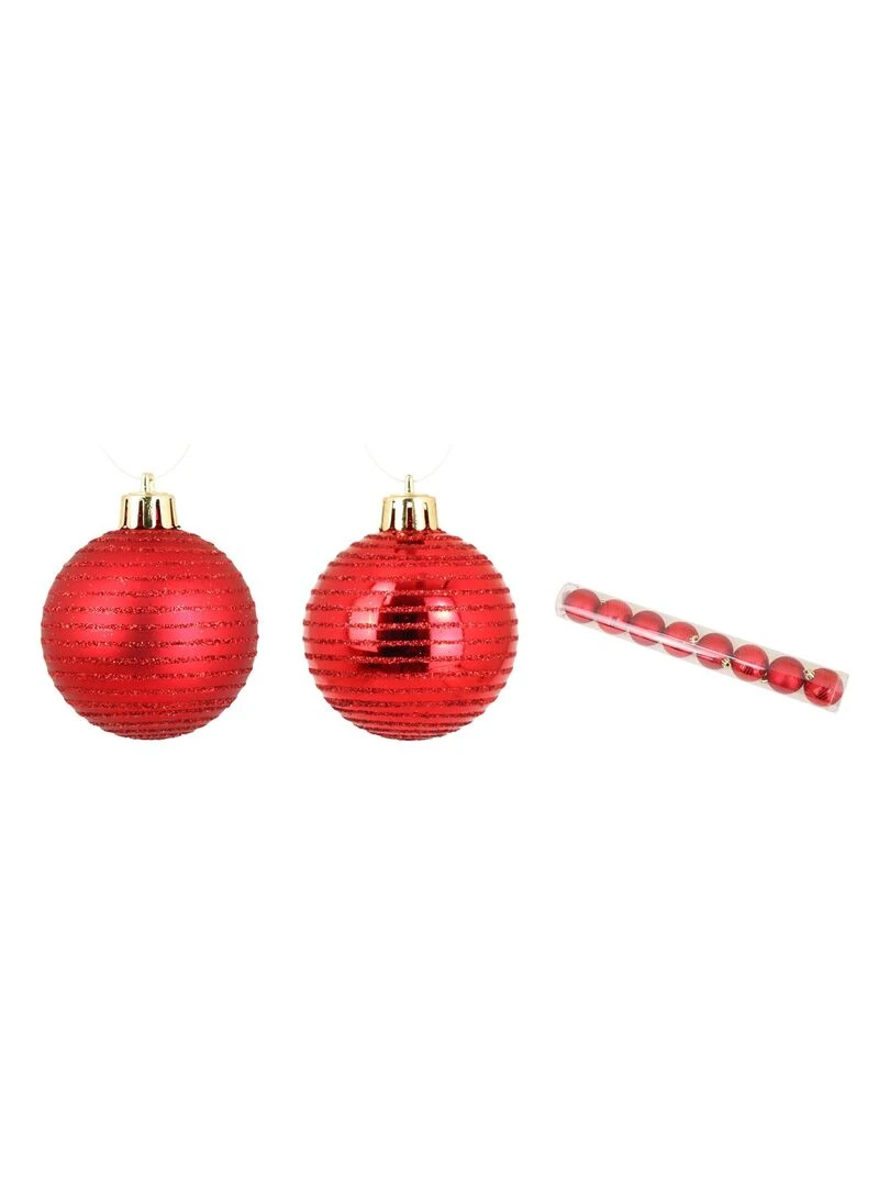 Set de 8 boules decor raye Rouge