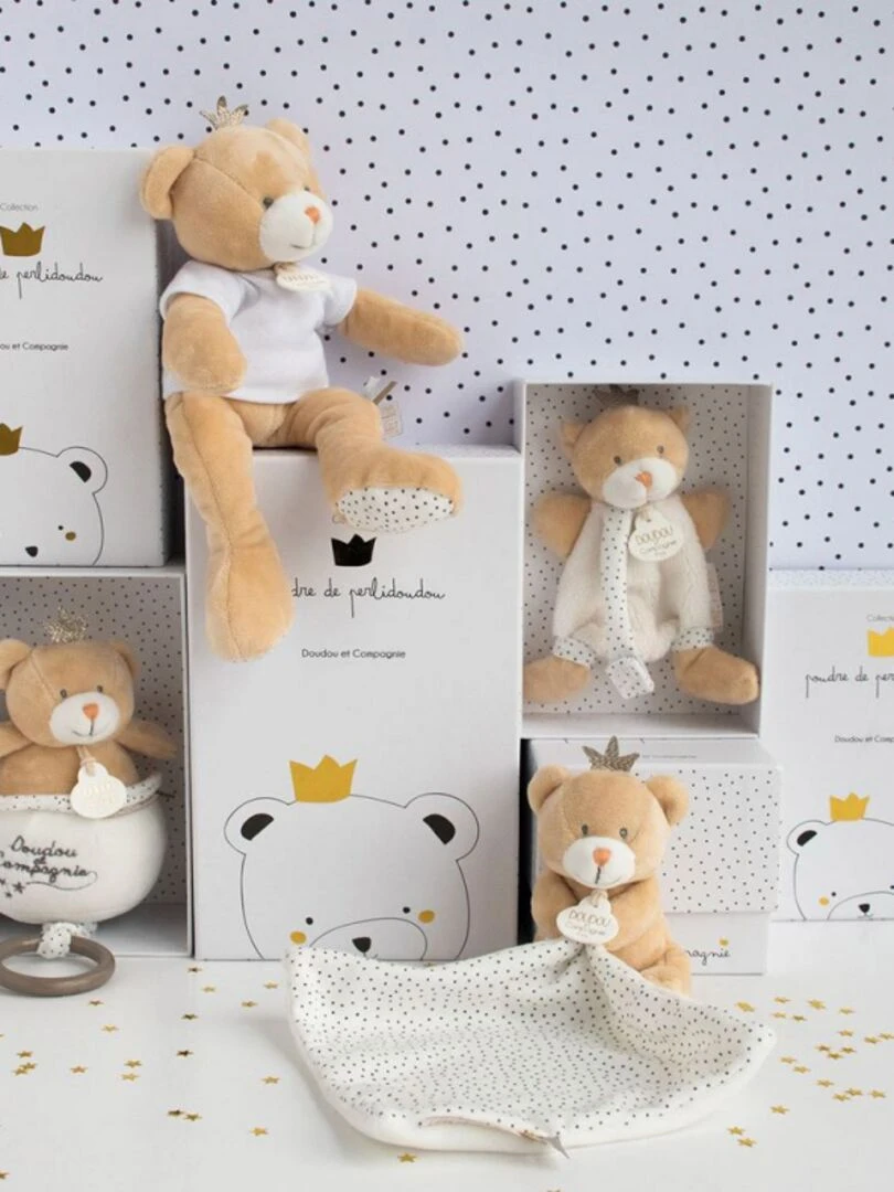 Coffret doudou attache sucette Ours petit roi Poudre de Perlidoudou   Ecru