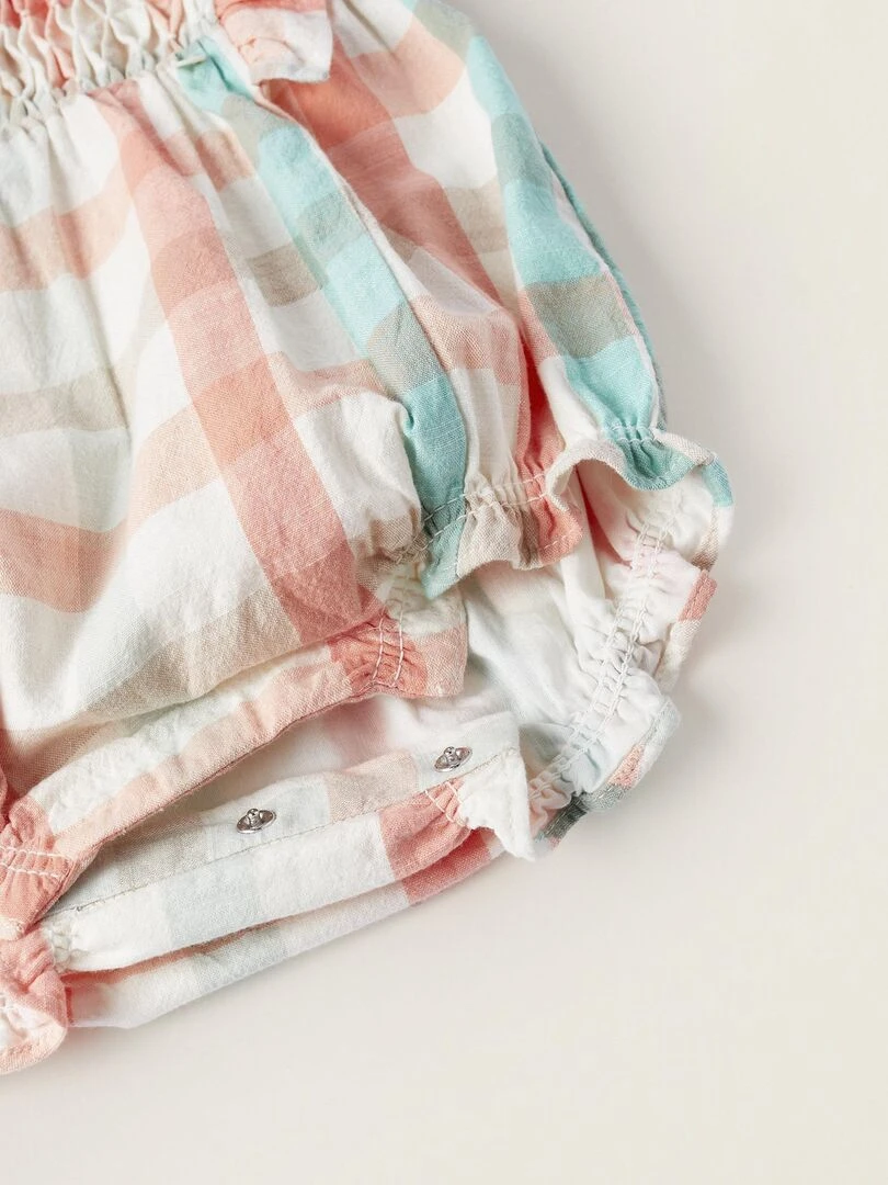 Combi short à Carreaux en Coton Nouveau Née   Blanc