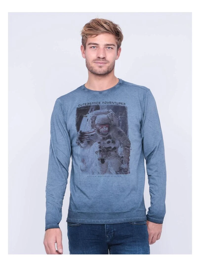 T shirt manches longues col rond pur coton JOSTON Bleu marine