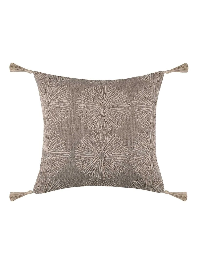 Coussin brodé de fleurs en jute Marron foncé