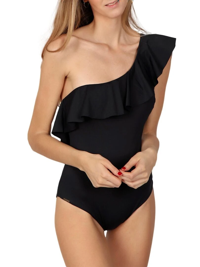 Maillot de bain 1 pièce latéral à volants Noir