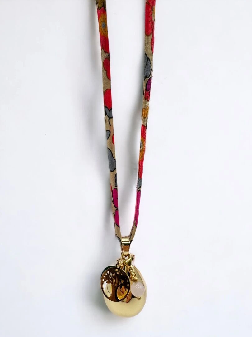 Bola de grossesse goutte doré 'arbre de vie' et 'quartz rose' Rose