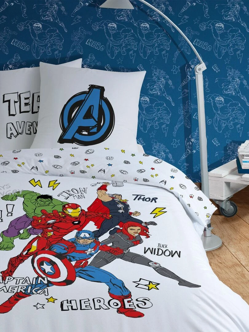 Parure de lit imprimée 100% coton AVENGERS HOME SKETCHES Blanc