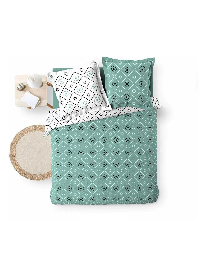 Housse de couette 240x220 + 2 taies Tahina bleu coton 57 fils   Bleu