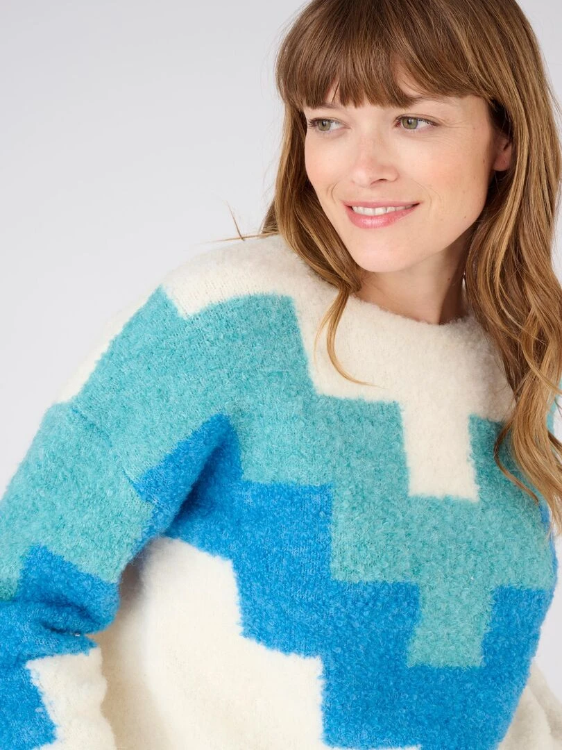 Pull graphique maille bouclette Damart Bleu
