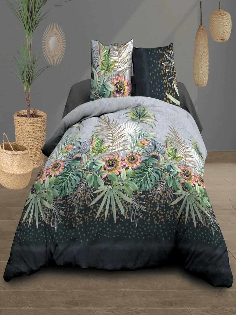 Parure Drap plat + drap housse 140x190 + 2 T Pur coton 57 fils Flora Bleu