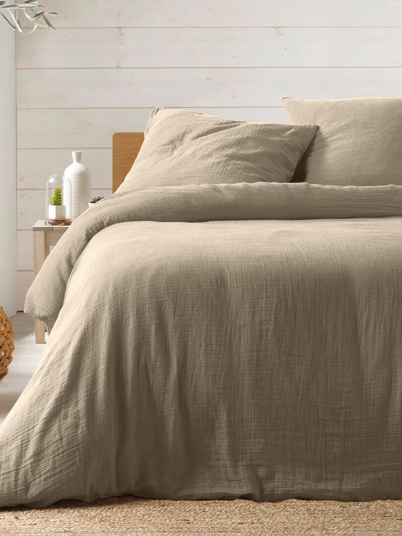 Housse de couette + 2 taies Gaze de coton Collection Couleurs Beige sable