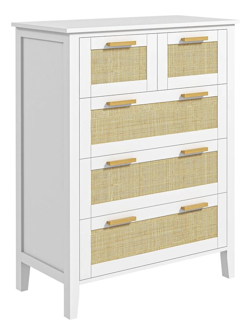 Commode 5 tiroirs cannage en rotin MDF blanc bois de pin Blanc