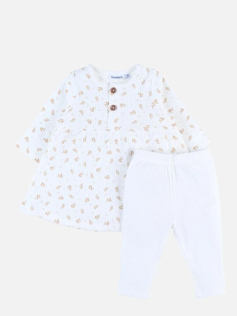 Set robe imprimé végétal + legging en jersey côtelé écru/caramel Noukie's Beige
