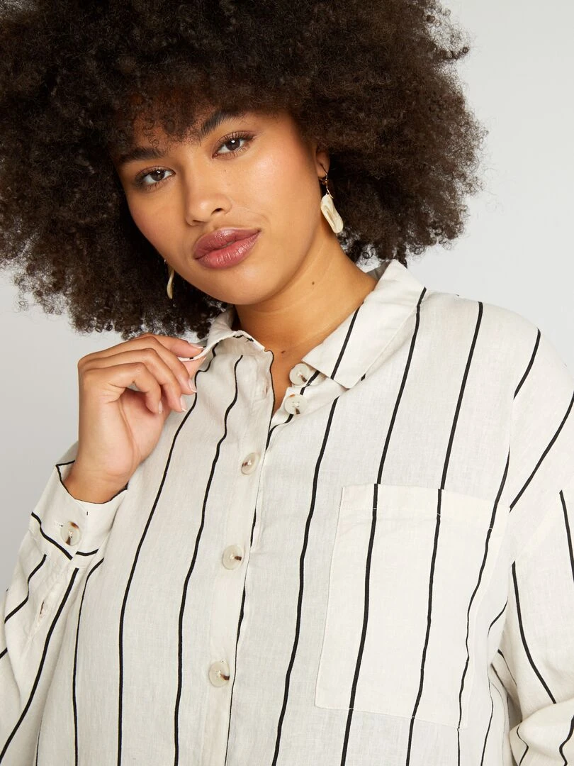 Chemise rayée en lin mélangé   Beige