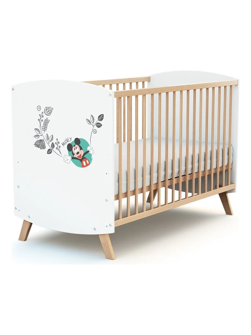 AT4    Lit bébé Disney Doodle Zoo Mickey en bois Blanc et Hêtre 60 x 120 cm   Marron clair