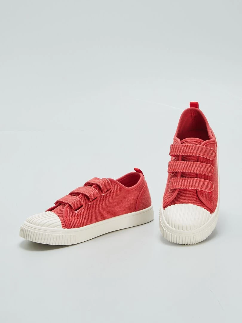 Baskets basses en toile denim à scratchs   Rouge