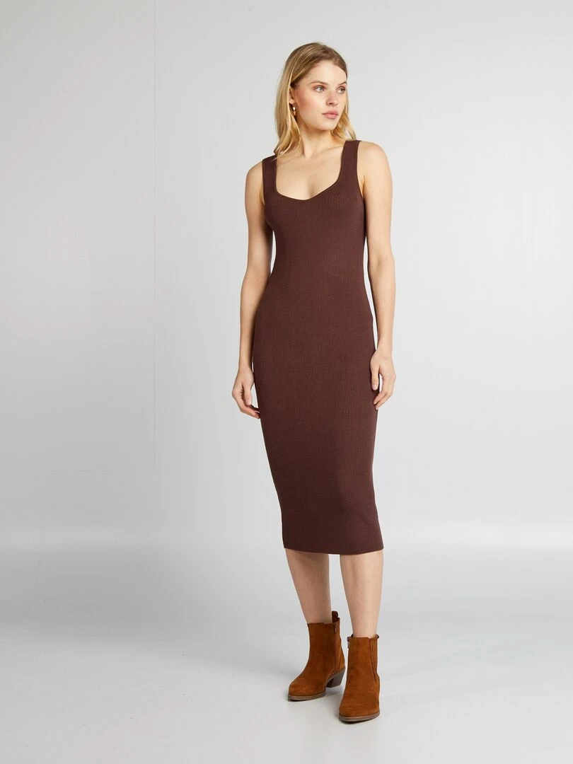 Robe tube midi en maille côtelée Marron