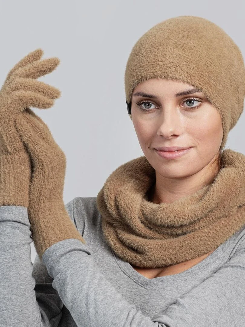 Ensemble Snood Bonnet Gants Etama Made in UE Marron clair