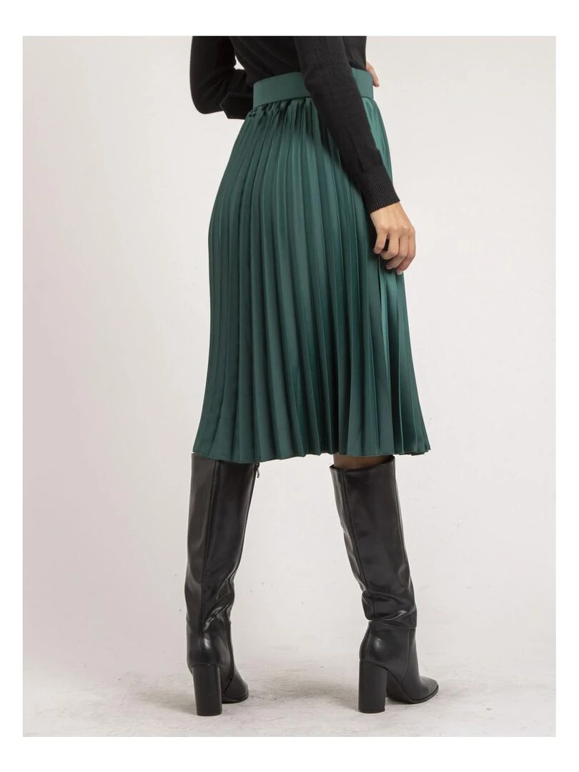 Jupe mi longue plissée satin et ceinture XOLIA Vert forêt
