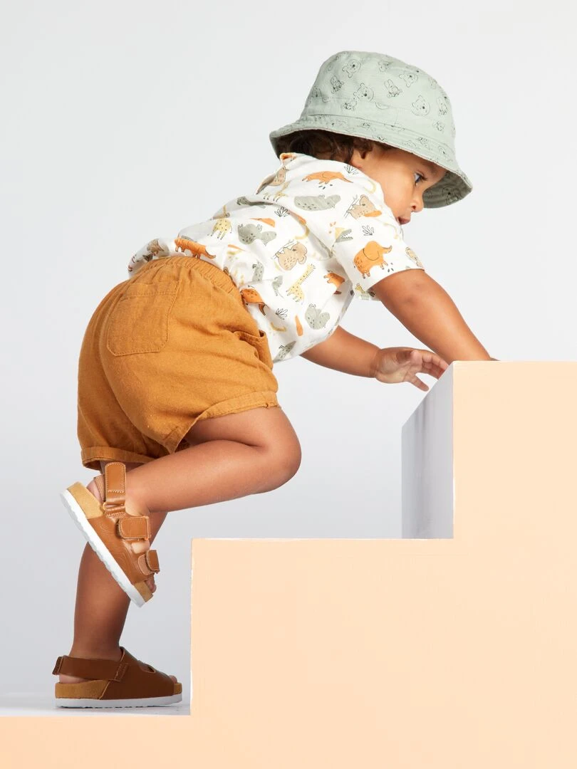 Short uni en coton et en lin   Ocre