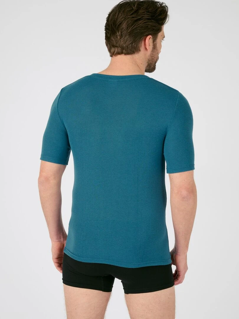 T shirt col V manches courtes fine côte Thermolactyl Sensitive   Damart   Bleu pétrole