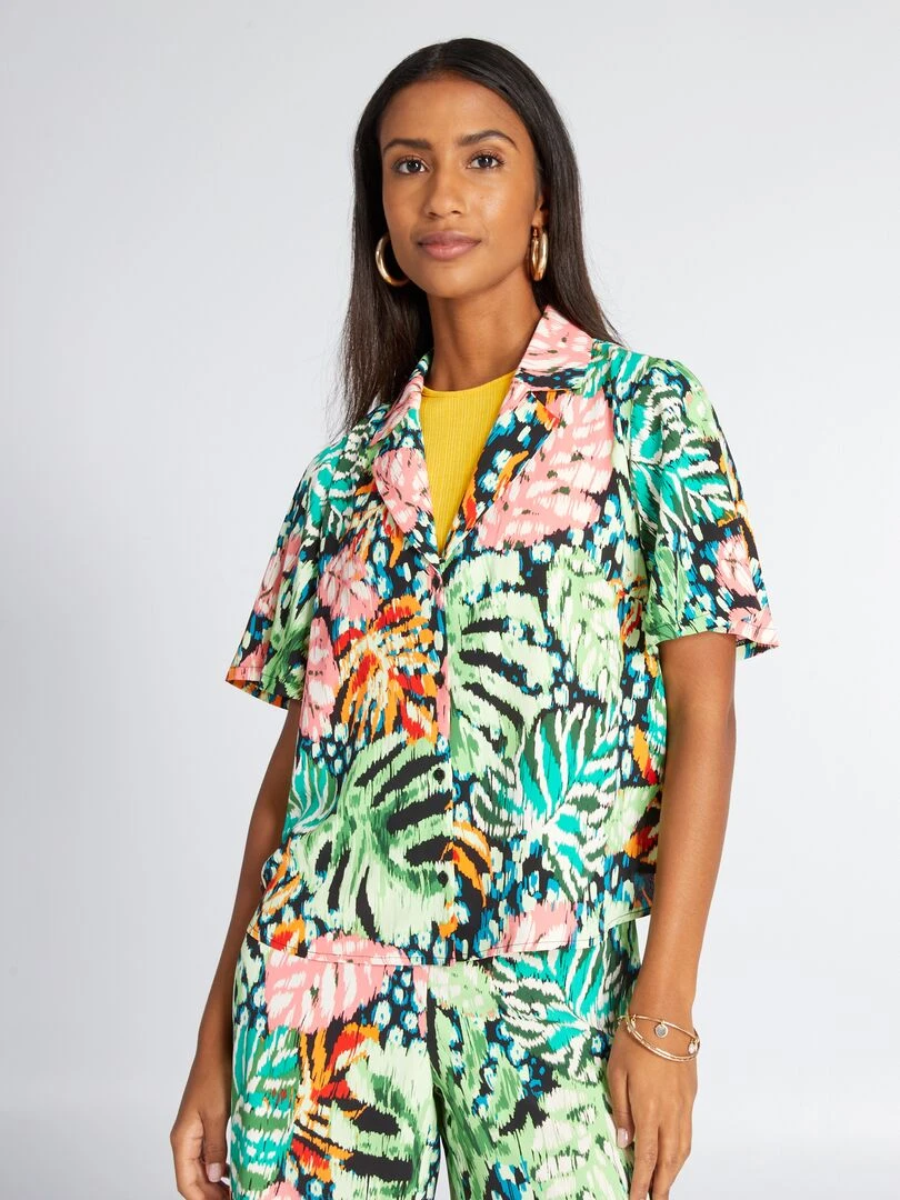 Chemisier col pyjama et imprimé tropical Vert tropical