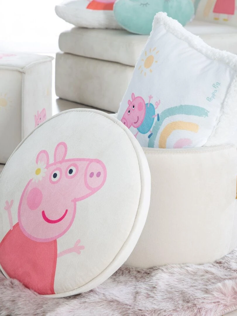 ROBA Pouf Coffre Bébé Rond Peppa Pig Pouf de Rangement en Velours Beige Motif Truie Beige