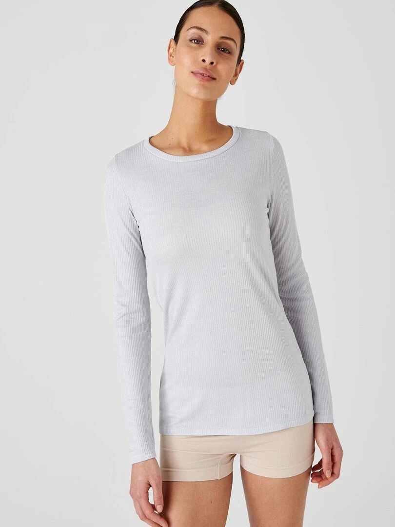 T shirt col rond maille côtelée Thermolactyl Damart Gris perle