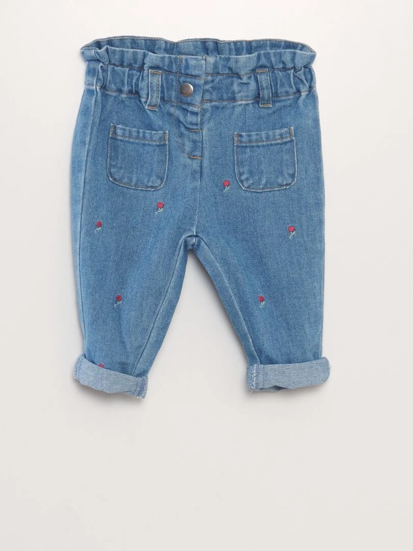 Pantalon en jean brodé tulipes Bleu