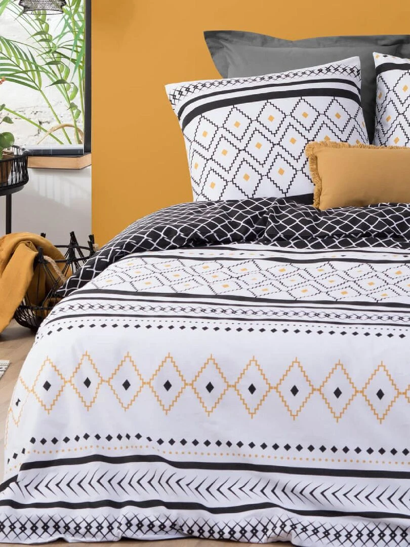 Parure de lit en percale de coton et motifs graphiques Blanc