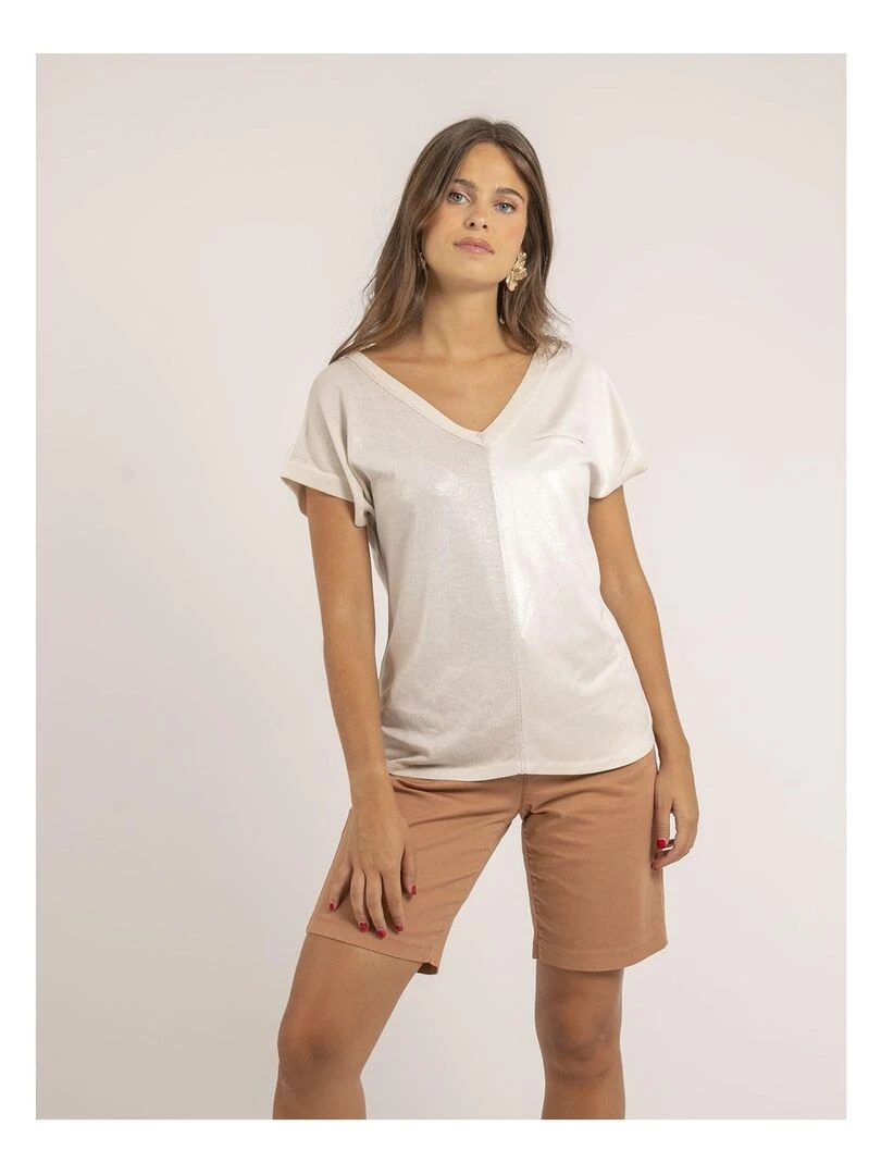 T shirt col V bimatière FAZZY Rose