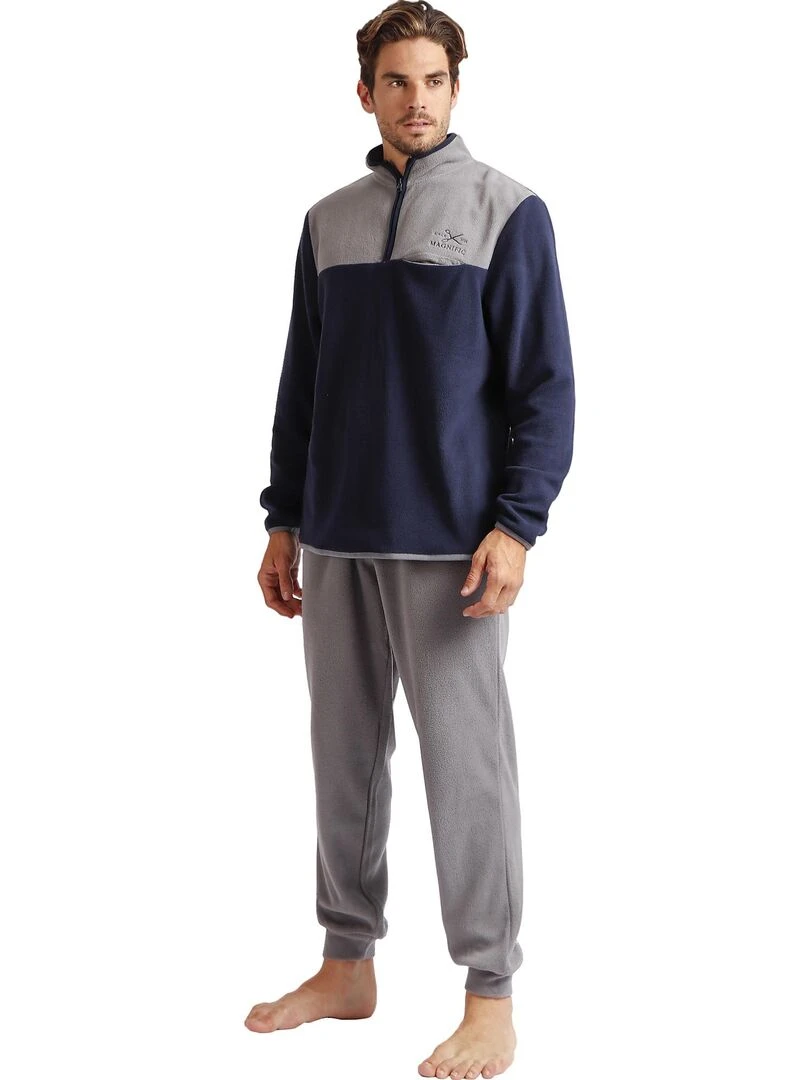 Pyjama micropolaire tenue d'intérieur pantalon et haut Sport   Bleu marine