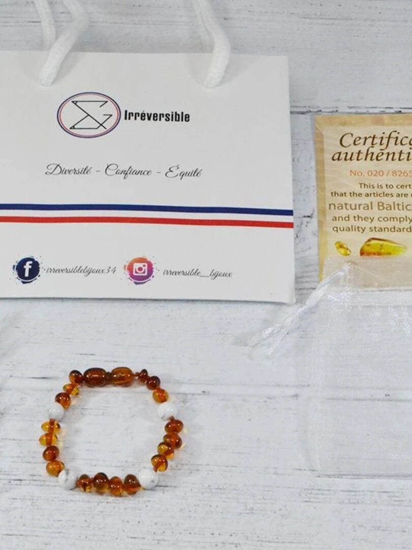Bracelet bébé   Ambre et pierres naturelles   Ambre Cognac / Howlite   Blanc