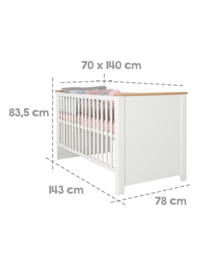 ROBA Lit bébé évolutif "Ava"   70x140   Hauteur Réglable   0 à 7 Ans   Blanc/Décor Chêne Artisanal   Blanc