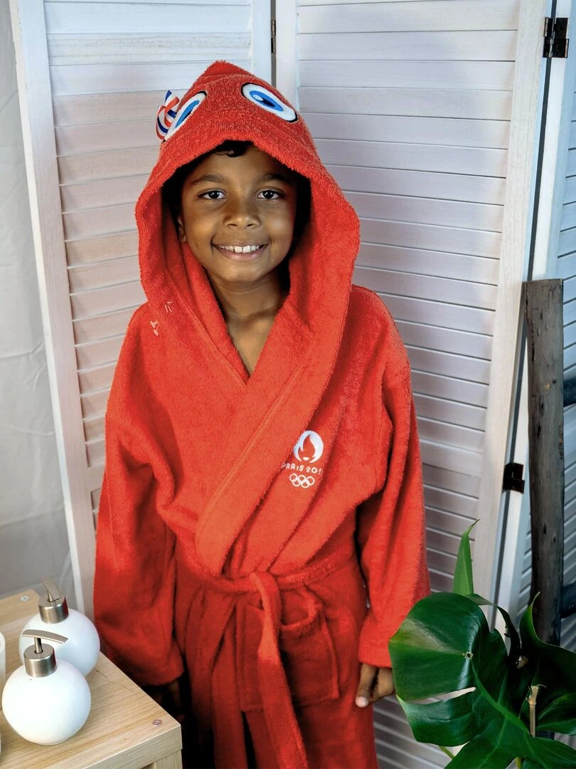 Peignoir enfant 100% coton  PARIS 2024 MASCOTTE OLYMPIQUE ALLEZ   Rouge