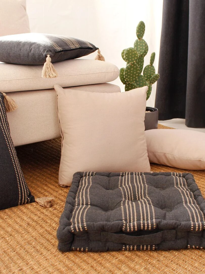Coussin de sol rayé en coton recyclé   Gris foncé