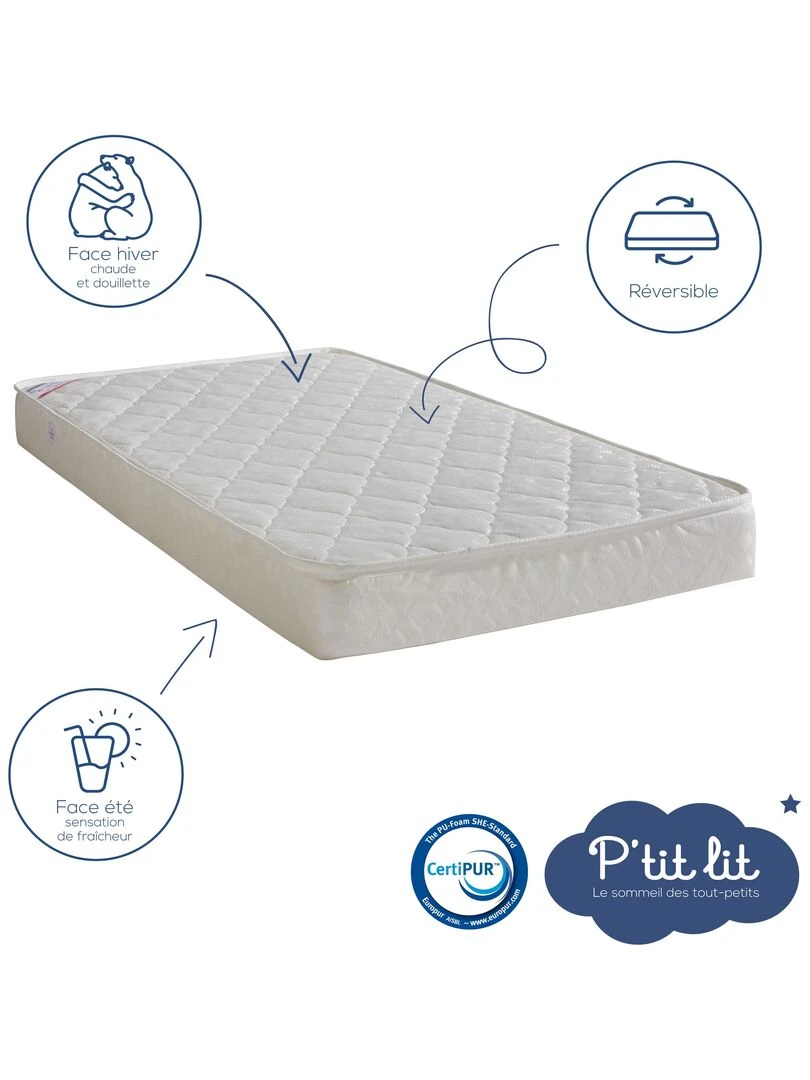 Matelas Bébé Indispensable   70x140 cm   1 face Été/1 face Hiver   Blanc
