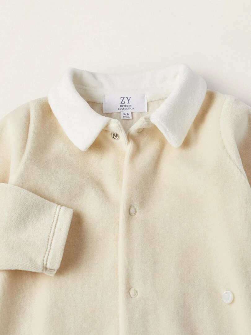 Combinaison en velours + Bavoir pour Nouveau né 'Lapin' manches longues EARLY BLOOM   Beige clair