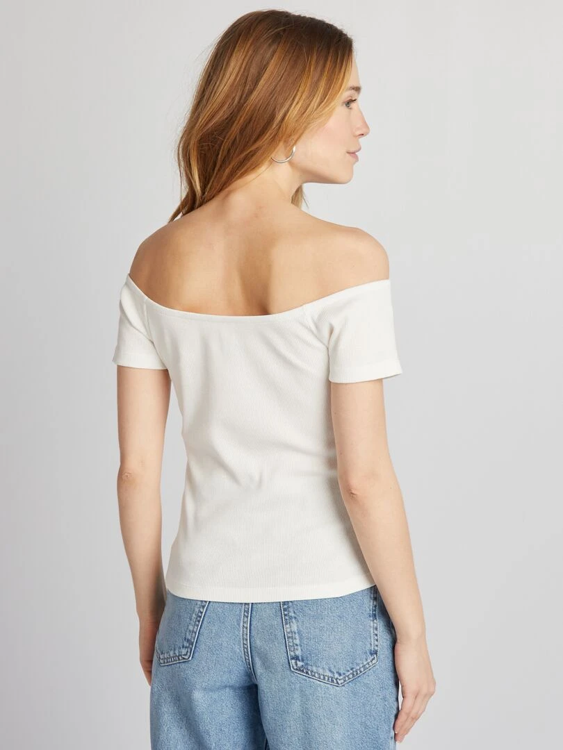 T shirt bardot en maille cotelée   blanc