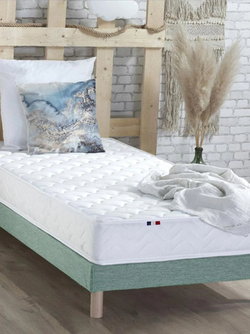 Ensemble Matelas Ressorts Fermes biconiques SPECTRE + Sommier Made in France Sommier Vert celadon Blanc Vert