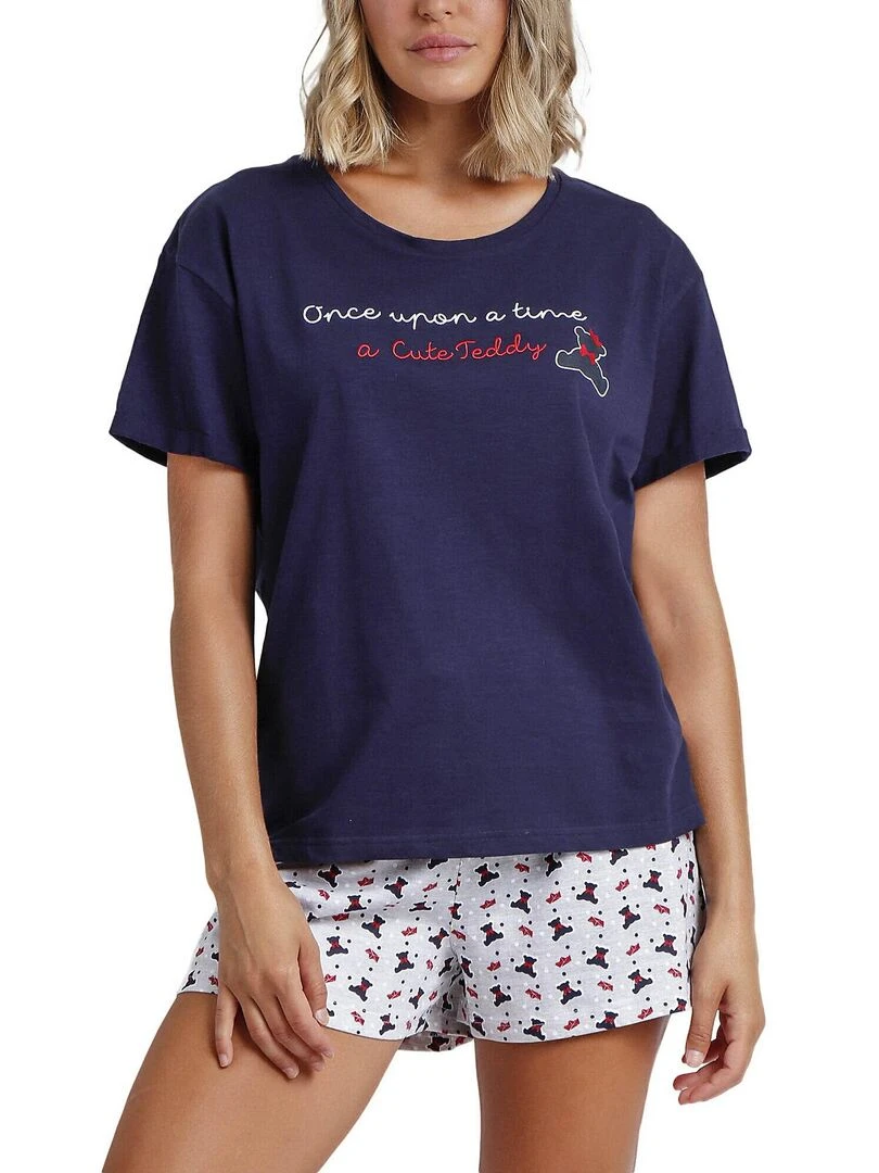 Pyjama short t shirt Cute Teddy Bleu marine