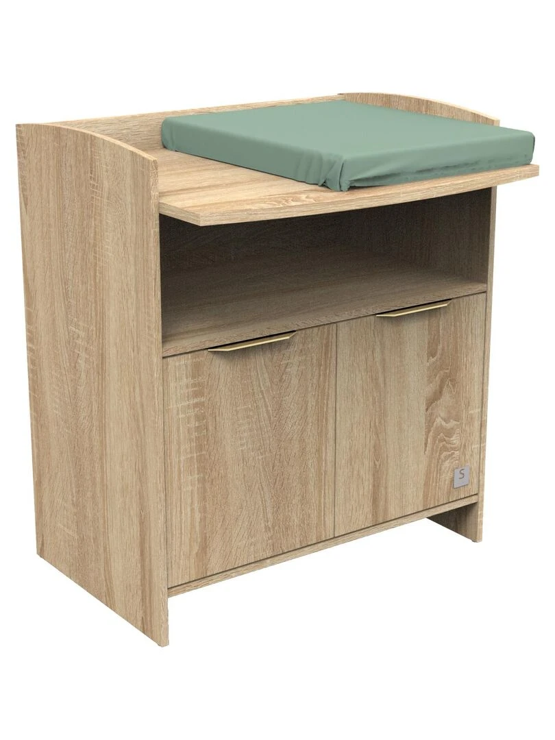 Commode à langer 2 portes et une niche avec poignées dorées décor chêne doré SAUTHON Marron