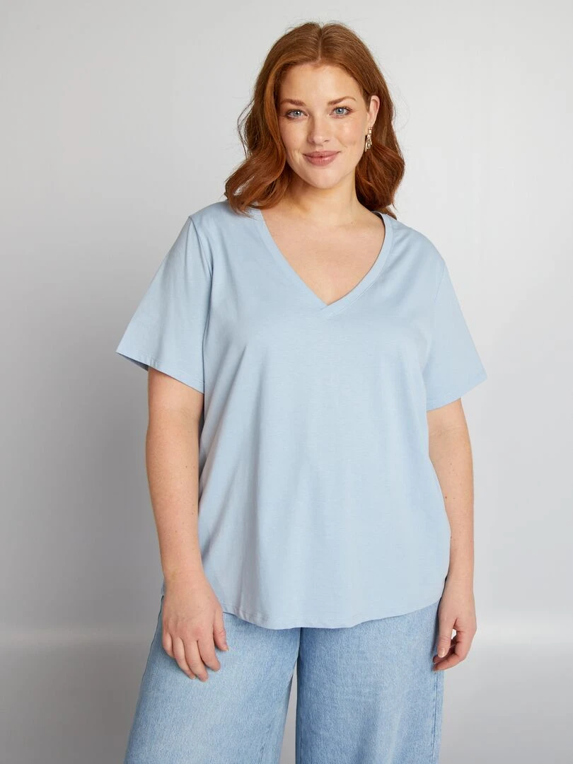 T shirt en jersey à col V   Bleu