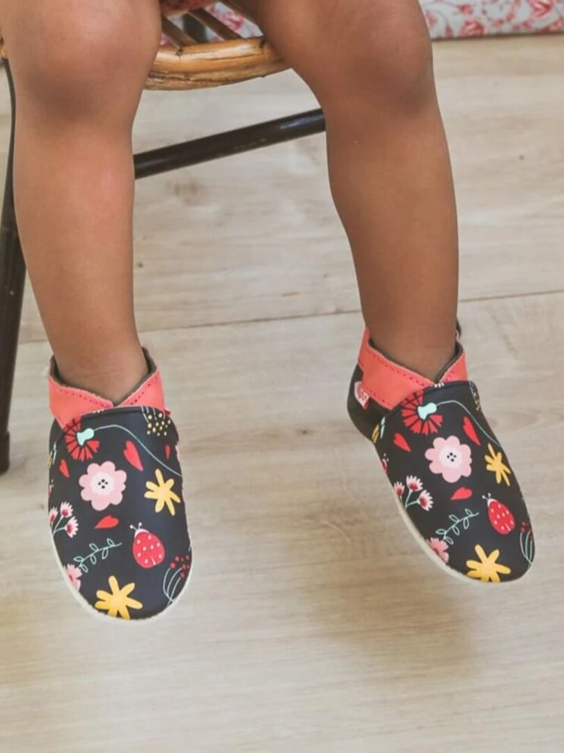 Chaussons bébé cuir souple Fanny les fleurs   Rose