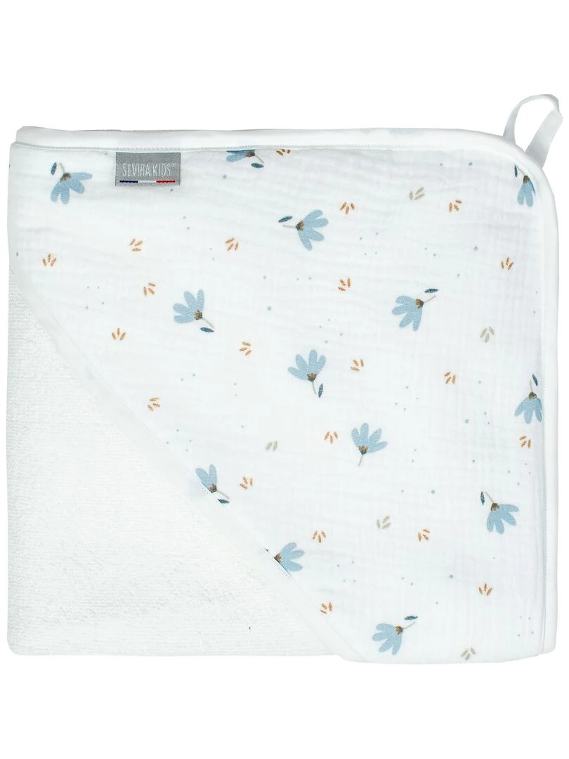 Grande cape de bain en coton et bambou Bleuet Blanc