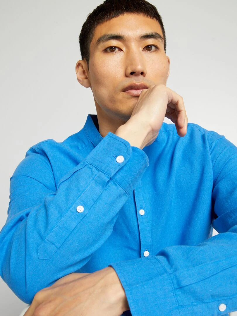 Chemise droite à col mao en lin mélangé Bleu