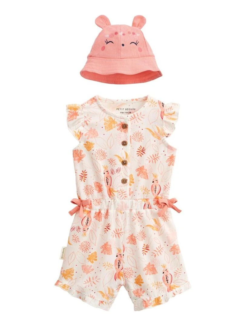 Combishort bébé + chapeau en gaze de coton Sumba Orange corail